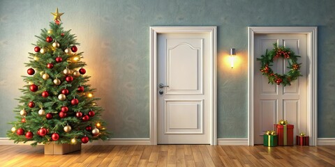 Fototapeta premium A Festive Christmas Tree Stands Beside Two Doors Adorned with a Wreath and Gifts, Illuminating the Wooden Floor with Warm Holiday Cheer