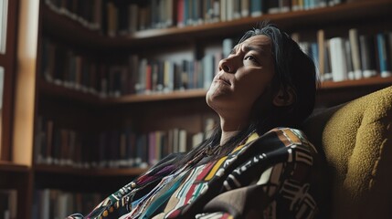 A Native American scholar sitting in a quiet library, deeply focused on their research and thoughts