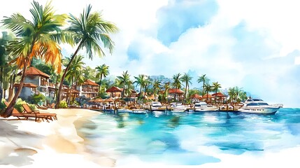 Watercolor painting of a tropical resort with palm trees and yachts.