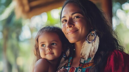 A Native American woman enjoying time with her family after work, embodying happiness through a balanced work-life routine