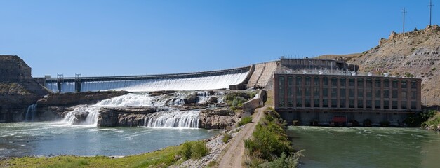 Panorama of the Ryan Dam spillway, waterfalls, and powerhouse near Great Falls, Montana, USA