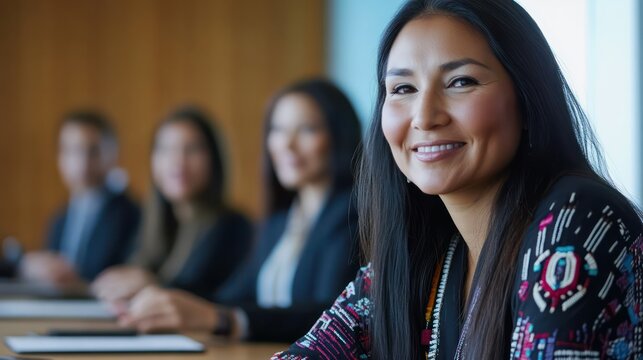 A Native American woman leading a corporate board meeting with a diverse team, celebrating diversity in leadership