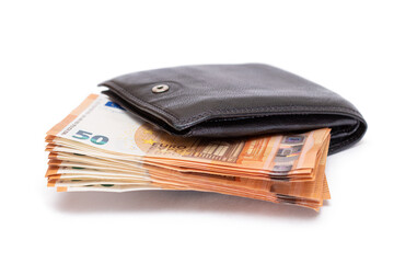 Black Leather Men Wallet with Fifty Euro Banknotes Inside - Isolated on White Background. A Purse Full of Money Symbolizing Wealth, Success and Social Status - Isolation