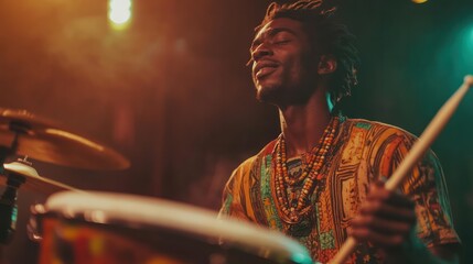 Naklejka premium Nigerian musician playing the drums Express deep emotions through rhythm