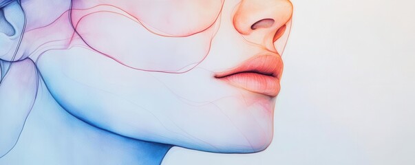 Produce a close-up shot of an abstract portrait featuring dynamic, fluid lines and organic shapes, giving a watercolor-like effect with soft, pastel hues