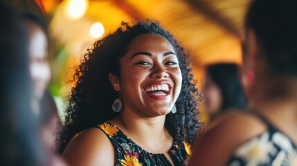 A Pacific Islander woman laughing with her friends, her facial expressions lighting up the entire room