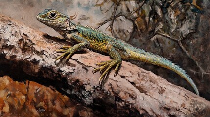 Naklejka premium Green Lizard Perched on a Branch - Wildlife Painting
