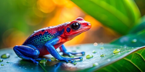 Naklejka premium A Vibrant Amphibian Perched on a Dew-Kissed Leaf, Its Striking Colors Contrasting with the Lush Green Foliage, a Symbol of the Beauty and Wonder of Nature