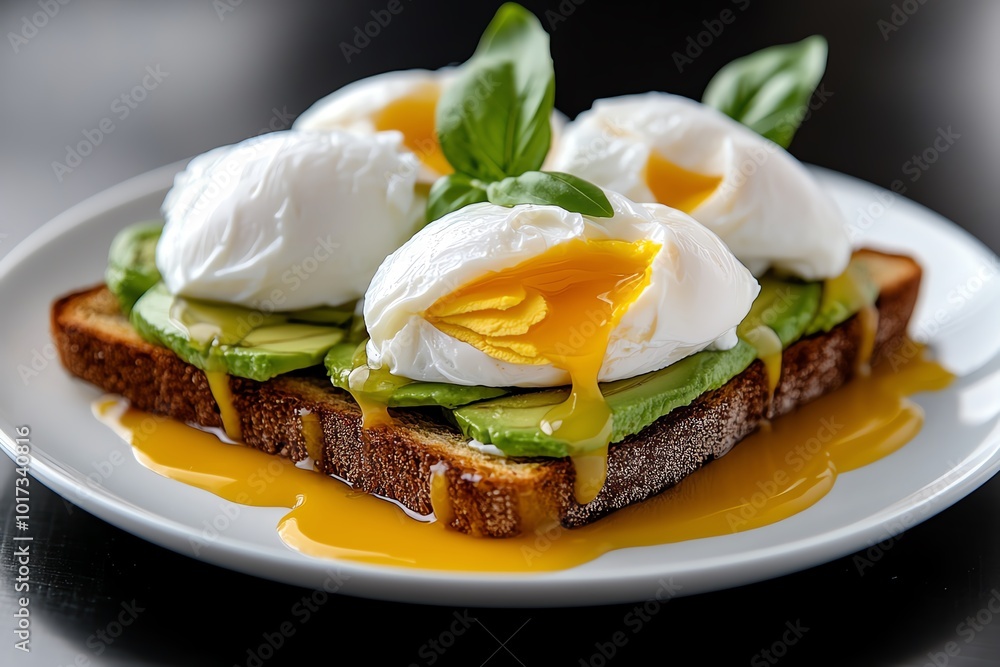Poster hyper-realistic depiction of a plate of avocado toast topped with poached eggs, showing every detail