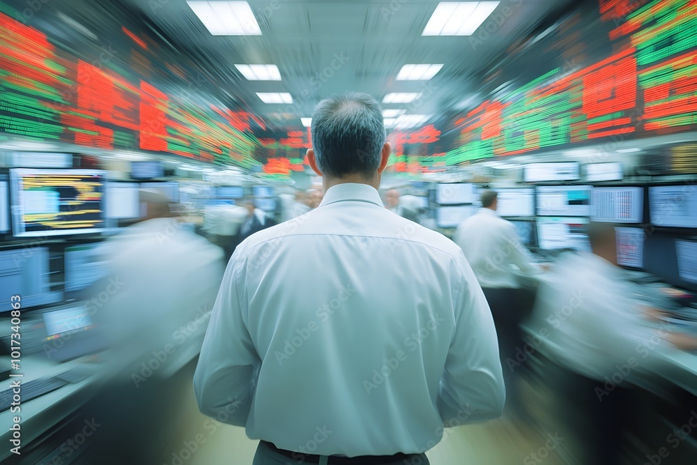 Poster captivating time lapse of the rhythmic pulse of the trading floor with blurred figures and pulsing s