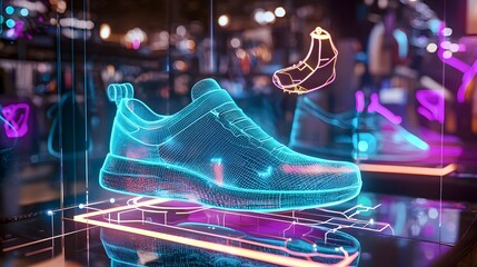 Innovative and immersive augmented reality shoe shopping experience with glowing neon product displays and a cutting edge modern tech interface showcasing the future of e commerce and retail
