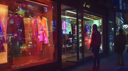 Visionary scene of a smart shopping district with holographic storefronts interactive digital fashion displays and cutting edge technology creating an immersive futuristic retail experience