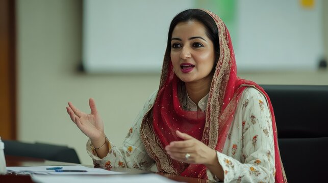 A Pakistani woman leading a corporate meeting, showing confidence and determination as a leader in her industry