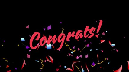 Red congrats message in cursive style with colorful falling confetti on a black background. Animated video message to celebrate important timeless moments.
