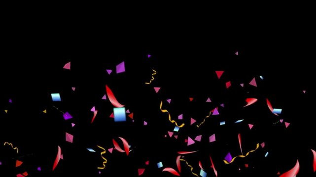 Falling colorful party confetti on a black background. Animated party themed seamless non looping wallpaper.