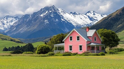 Pink House with Mountain View in a Green Field