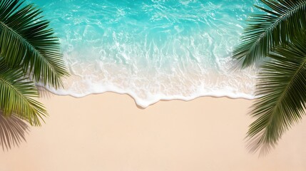 Serene tropical beach scene captured from above featuring palm leaf shadows and transparent water waves creating a calm