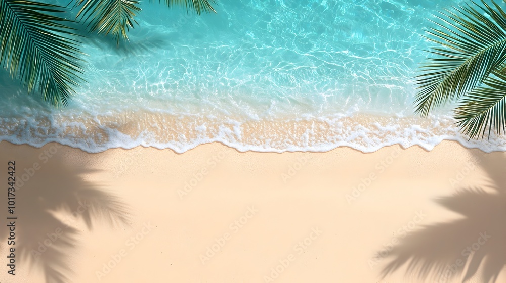 Aufkleber peaceful beach abstract with harmonious palm leaf shadows and clear waves against a blank background