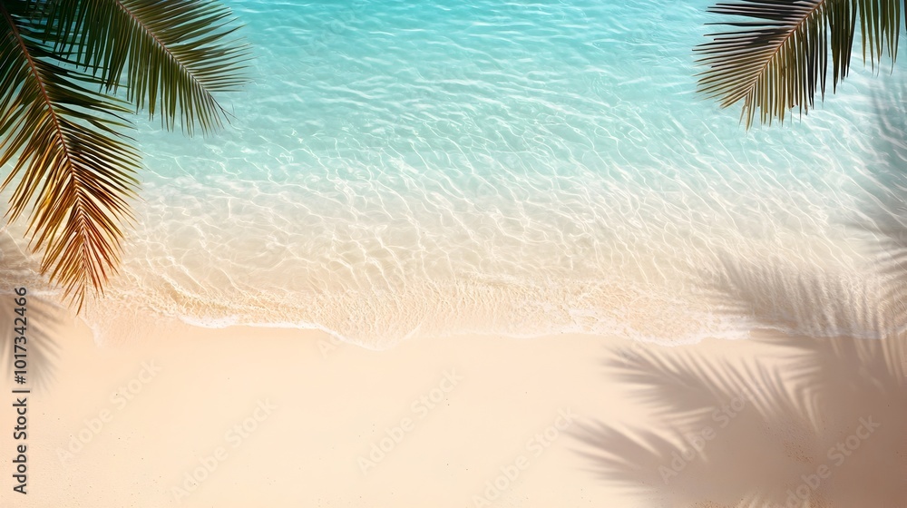 Aufkleber tranquil aerial view of a serene sand beach with swaying palm tree shadows and gentle transparent wa