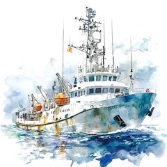 Naklejka premium Watercolor Painting of a White Ship on the Ocean.