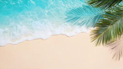 Breathtaking top view of an empty sand beach with soft palm leaf shadows and clear water waves creating a serene and futuristic ambiance perfect for a travel and vacation banner with ample copy space