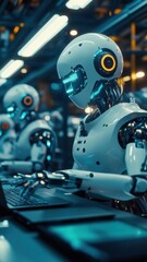 Fototapeta premium Robots assembling laptops in a hightech production facility, laptop manufacturing, precision technology, efficiency