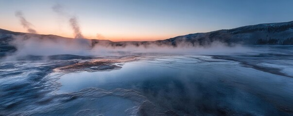 Fototapeta premium Steam rising from a hot spring at dawn, geothermal steam, earths heat, misty serenity