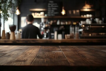 Empty wooden table in a coffee shop with a blurry background of a baristas preparing coffee.