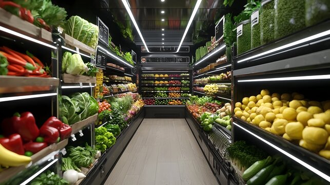 Innovative digital grocery shopping experience featuring an augmented reality produce display advanced in store scanning technology and a modern