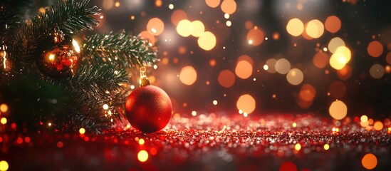 Red Christmas ornament and pine branch with bokeh lights.