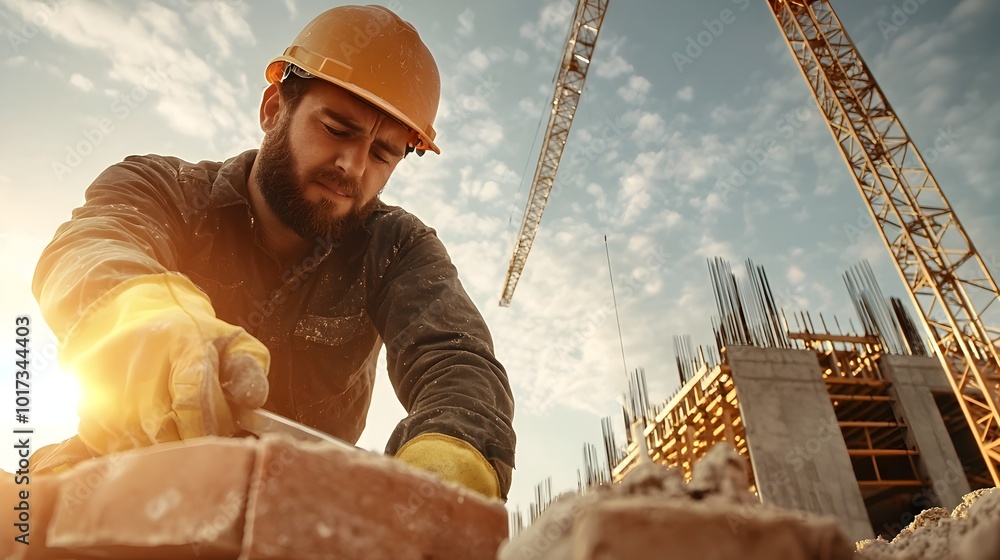 Poster bricklayer wearing safety helmet and using trowel to perform professional masonry work on a construc