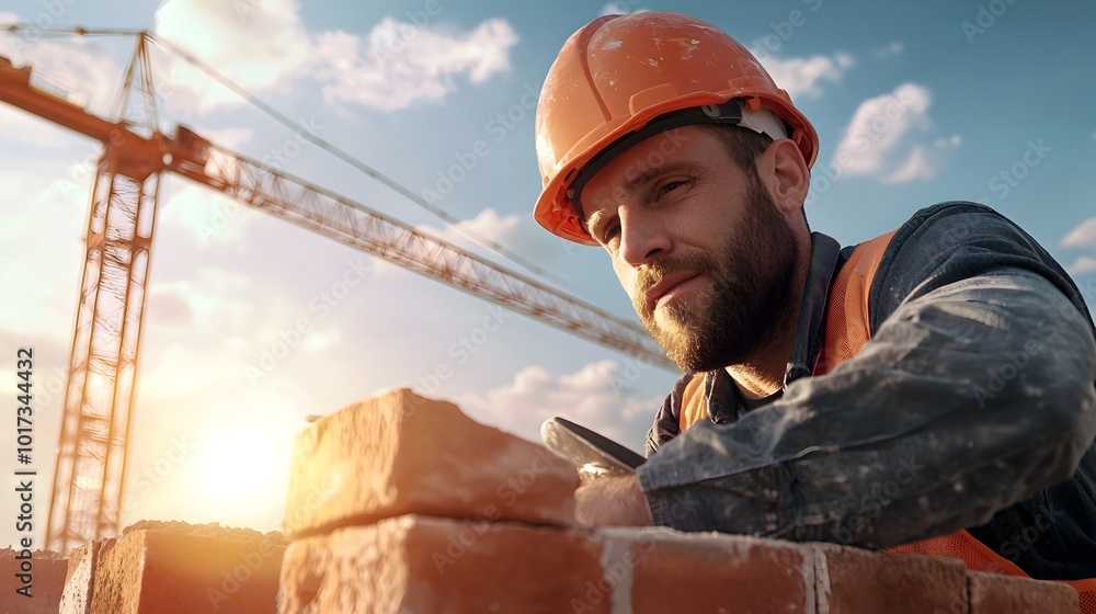 Poster bricklayer wearing safety helmet and using trowel to work on construction site with tower crane in b