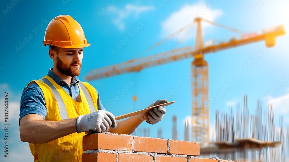 Poster skilled construction worker in uniform using trowel to build a brick wall on a sunny day at a busy c