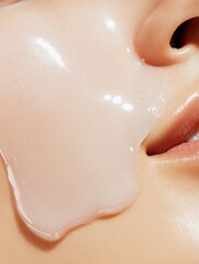 Fototapeta premium A closeup of a woman’s face covered with a hydrating sheet mask, focusing on her dry skin areas, set against a light clean studio background, ideal for skincare blogs or products.