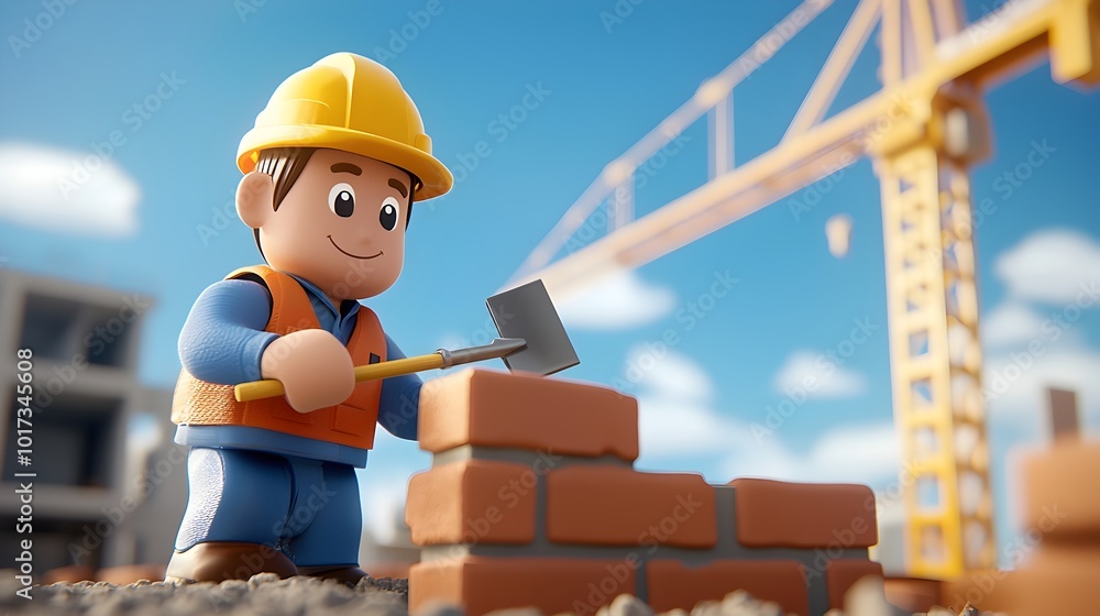 Poster skilled brick worker in uniform diligently building a wall with a trowel at a sunny construction sit