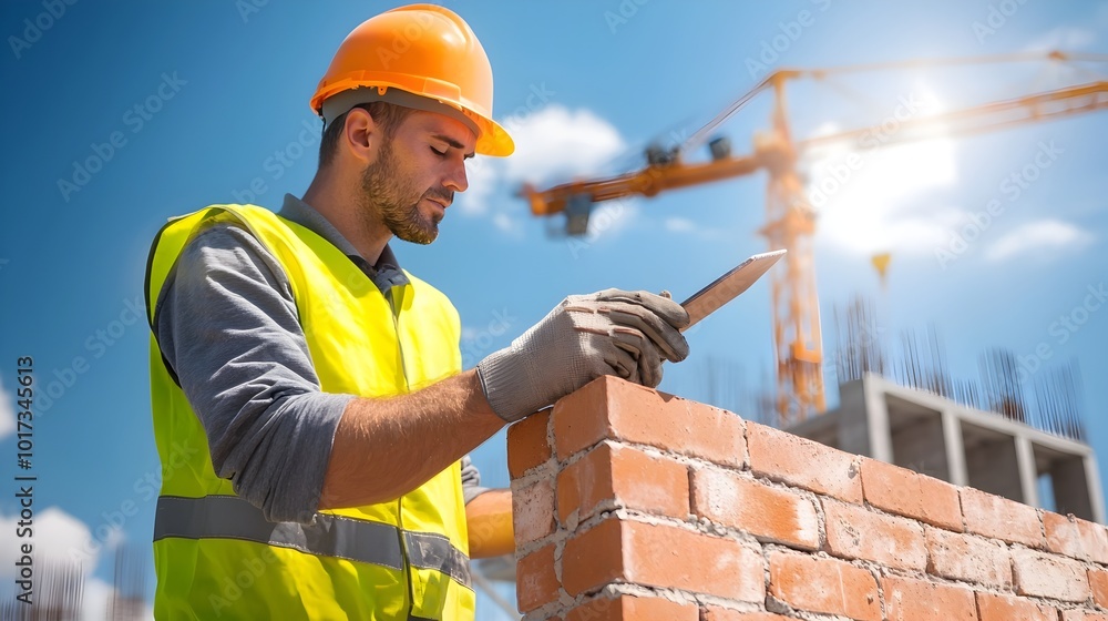Poster robotic construction worker in uniform using trowel to lay bricks and build a wall on a sunny constr