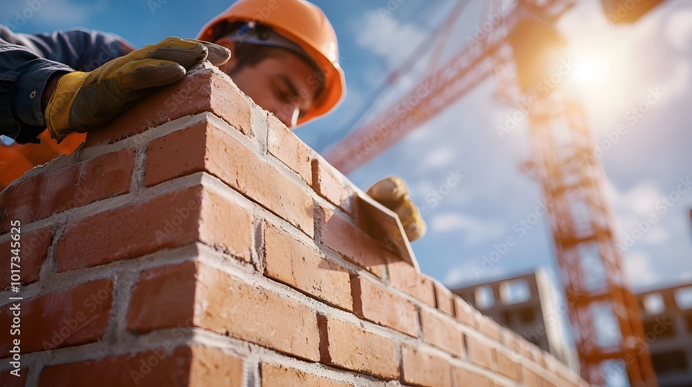 Poster skilled bricklayer carefully laying bricks to construct wall at sunlit construction site with toweri