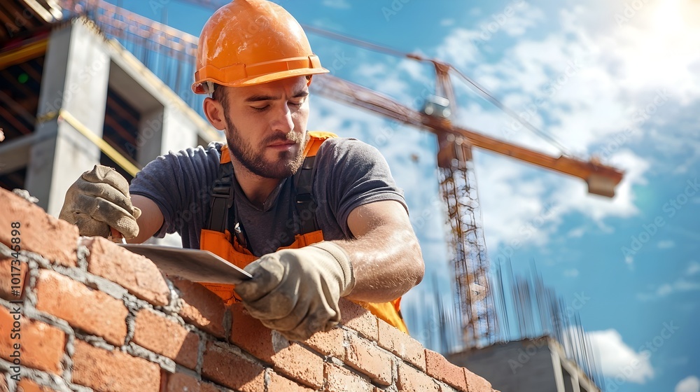 Poster skilled bricklayer in uniform and safety helmet using a trowel to expertly construct a brick wall at