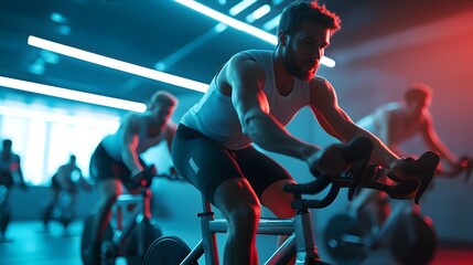 Energetic Cycling Class in Modern Indoor Studio with Vibrant Neon Lighting Providing a High Intensity Workout and Dynamic Energy