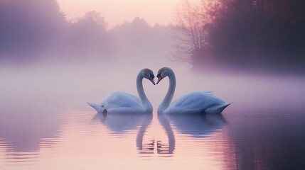 Two Swans in Love, Reflected in a Misty Lake at Sunset