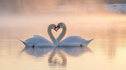 Two Swans Forming a Heart Shape in a Misty Lake at Sunset