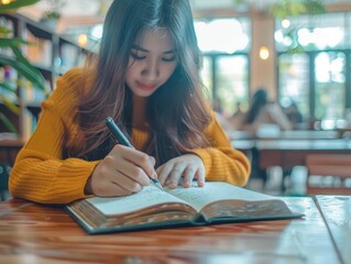 A young woman in a cozy yellow sweater writing in a notebook at a wooden table in a library or cafe with green plants and natural light.