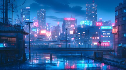 Obraz premium Night cityscape with neon signs, reflecting lights on wet pavement, and glowing city lights. Ideal for urban backgrounds or night time scenes.