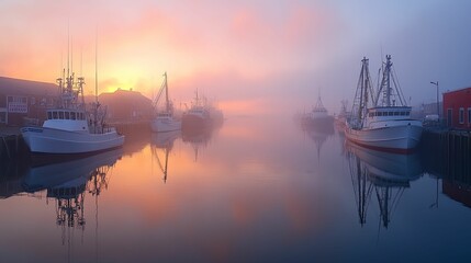 Boats Docked in a Foggy Harbor at Sunrise
