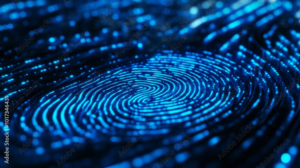 Poster abstract blue fingerprint made of glowing particles, representing digital security and identity.