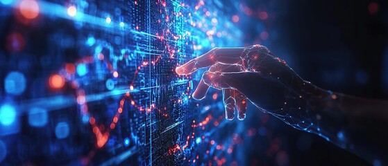 A digital hand interacts with a glowing blue and red matrix of data.