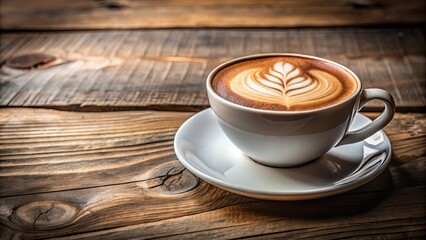 Obraz premium A single cup of coffee with a latte art design, resting on a wooden table, bathed in a warm, inviting light.