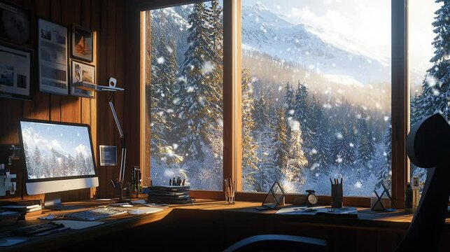 Cozy cabin office with a snowy mountain view.
