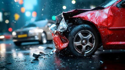 Dramatic futuristic triadic color scheme car accident scene on a city road capturing the aftermath and importance of traffic regulations in preventing such transportation infrastructure crises
