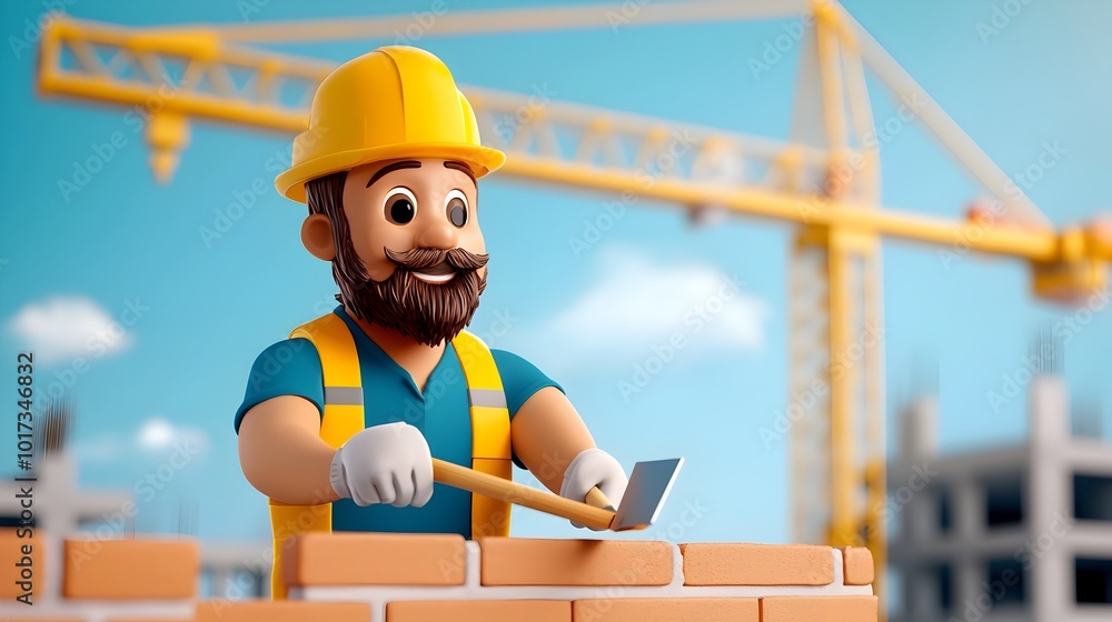 Poster skilled mason constructing a brick wall with a trowel at a building site with a tower crane in the b